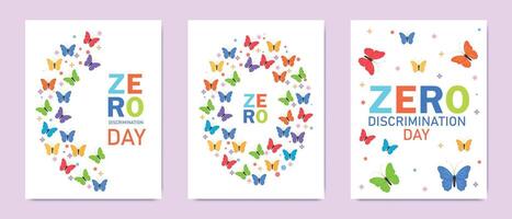 Zero Discrimination Day greeting cards with colorful butterflies and vibrant text, symbolizing equality, diversity, and inclusion. vector