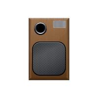 Music tabletop speaker with one dynamic and a subwoofer in a wooden case on the white background vector