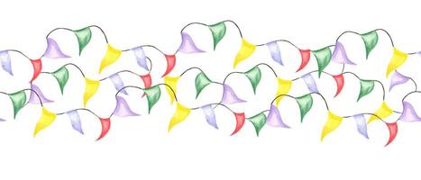 Watercolor yellow, green, purple, red triangular flags on black string seamless horizontal banner. Festive waving flags in pennant shape ornate illustration for holiday decor, textile design, package vector