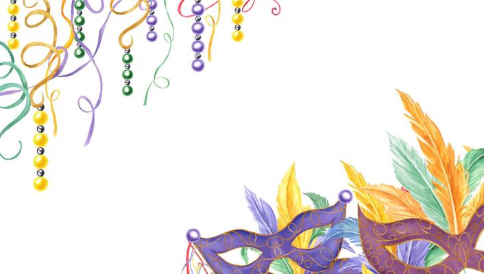 Watercolor carnival feather masks, beads, ribbons horizontal frame isolated background. Holiday Mardi Gras, Brazilian, Venice parade illustration with copy space for text. For invitation cards