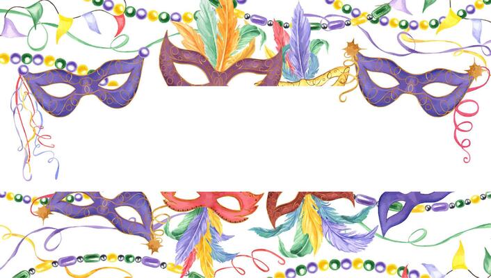 Carnival mask with colorful feathers, beads, flag garland, ribbons horizontal frame. Holiday Mardi Gras accessories illustration with copy space for text. For invitation cards, flyer design