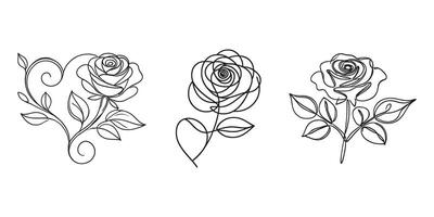 A series of refined line art rose illustrations on a white background. vector