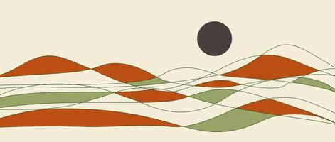 Boho minimalist desert landscape abstract dunes, flowing lines, dark moon with warm earthy tones, modern composition for prints, wall art, posters vector
