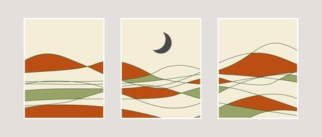 Boho minimalist desert landscape red dunes, abstract flowing lines, crescent moon with warm earth tones, modern design for posters, wall art, prints vector