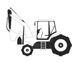 Excavator side view black and white 2D line object. Cabin, digging arm vehicle and tires. Industrial equipment. Heavy machinery isolated clip art outline item. Monochromatic spot illustration vector