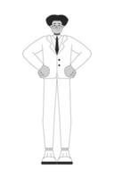 Confident hispanic man with glasses in formal suit black and white 2D line character. Businessman standing with hands on hips isolated outline person. Monochromatic spot illustration vector