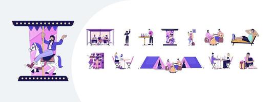 Lifestyle cartoon flat illustrations mega bundle. Amusement and relaxation activities 2D images isolated on white. Multiethnic people enjoying funny free time collection drawings colorful vector