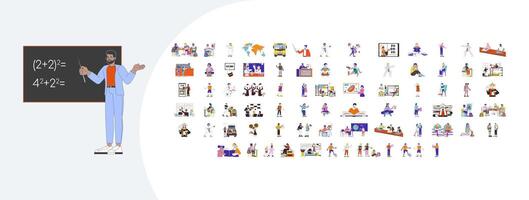 Education cartoon flat illustrations mega bundle. Children students and teachers at school 2D images isolated on white. Learning lessons to get basic knowledge collection drawings colorful vector