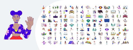 Lifestyle cartoon flat illustrations mega bundle. Different people and objects 2D images isolated on white. Representing situations with characters and items collection drawings colorful vector