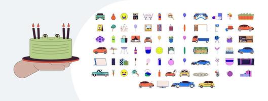 Lifestyle cartoon flat illustrations mega bundle. Various purposes and situations demonstrating items 2D images isolated on white. Routine life performing objects collection drawings colorful vector