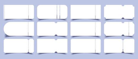 Set of white ticket mockup with frilly edges and shadows. Realistic ticket blank template. vector