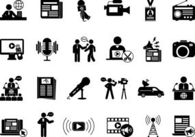 Black Journalism Icon Set. News, Microphone, Interview, Newspaper, Editor, Journalist, Radio, Correspondent, Media, Camera, Reporter, Magazine, Live, Television, and More vector