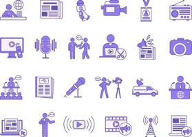 Colored Journalism Icon Set. News, Microphone, Interview, Newspaper, Editor, Journalist, Radio, Correspondent, Media, Camera, Reporter, Magazine, Live, Television, and More vector