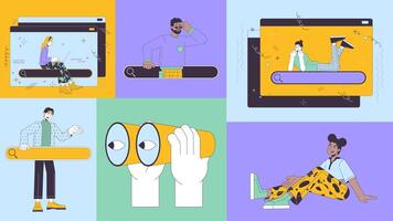Web search bar users bento grid animation. Binoculars holding, surfing websurfing. People with searchbars collage motion 4K web design. Animated cartoon characters collection mood board video