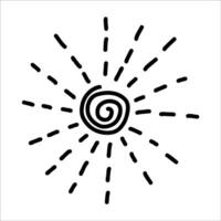 Hand drawn sun with dotted line rays and swirl inside. Cute doodle sun, perfect for adding warmth to kids artwork. Ideal sun design featuring dotted line for playful decorations and creative projects vector