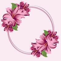 template for holiday cards consisting of pink outlines of circles and open lily buds, green leaves and closed buds, template for postcards, invitations and banners vector