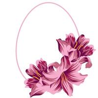 festive Easter decor, namely open buds of pink lilies, closed buds of magnolias and a round egg-shaped frame drawn with a pink outline vector