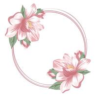 template for holiday cards consisting of pink outlines of circles and open magnolia buds, green leaves and closed buds, template for postcards, invitations and banners vector