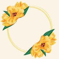 holiday card template consisting of yellow outlines of circles and open buds of yellow tulips, green leaves, template for postcards, invitations and banners vector