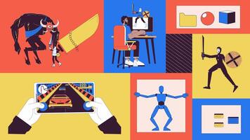 game development animated bento grid layout. Gamedev at computer modeling. VFX, RPG. Gamer playing games 2D animation flat cartoon ui collage design. 4K motion graphic collection video