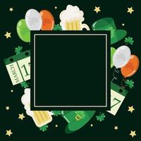 square frame for St. Patrick's Day, which consists of thematic elements, namely a glass of beer, balloons, clovers and a themed calendar on a dark green background vector