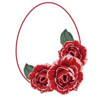 festive Easter decor, namely open buds of red roses and green leaves and a round egg-shaped frame drawn with a red outline vector