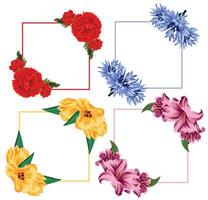 set of square flower frames, namely open buds of various flowers and green leaves with various contours of the square, for posters, banners or holiday card vector
