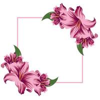 festive, conceptual poster with a square frame in the middle with open pink lilies on both sides of the frame, for cards, invitations or banners vector