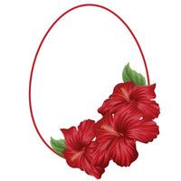festive easter decoration, namely open red mallow buds, closed mallow buds and a round egg-shaped frame drawn with a pink outline vector