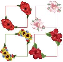 set of square flower frames, namely open buds of various flowers and green leaves with various contours of the square, for posters, banners or holiday cards vector