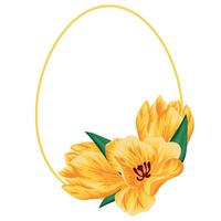 festive Easter decor, namely open yellow tulip buds, closed tulip buds and round egg-shaped frame drawn with pink outline vector