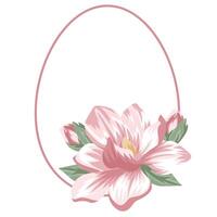 festive Easter decoration, namely open pink magnolia buds, closed magnolia buds and green leaves and a round egg-shaped frame drawn with a pink outline vector