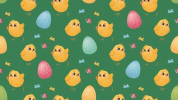 Easter Chicks and Eggs Background. Seamless pattern with yellow chicks, decorated Easter eggs, and butterflies on a green background. Spring and holiday design for textile, wallpaper, wrapping paper. vector
