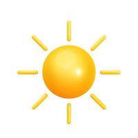 Yellow glossy sun icon with rays in realistic style. 3d sunny day sign vector