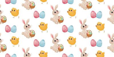 Easter Rabbits, Chicks, and Eggs Pattern. Seamless pattern with Easter rabbits, decorated eggs, yellow chicks on a white background. Holiday spring design for textile, wallpaper, and wrapping paper. vector