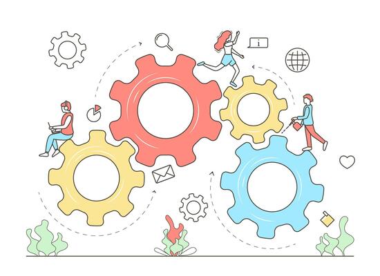 Characters People and Cogwheel Business Concept Contour Linear Style.