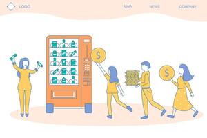 People and Vending Machine Concept Card Landing Web Page Template Contour Linear Style. vector