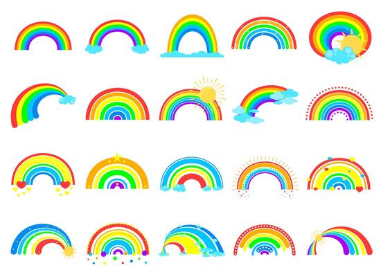 Cartoon Color Different Rainbow Icons Set.