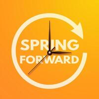 Spring Forward. Daylight saving time banner with realistic 3d clock hands on orange background. Post design with text reminder of time change one hour forward for social networks vector