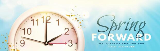 Spring Forward. Daylight saving time banner with realistic 3d wall clock, golden confetti and bright sun rays on blue sky background. Set your clock ahead one hour vector
