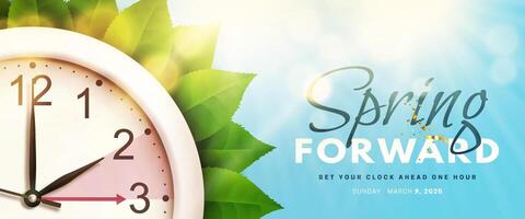 Spring Forward. Daylight saving time banner with realistic 3d wall clock, green foliage and bright sun rays on blue sky background. Set your clock ahead one hour on 9 March 2025 vector