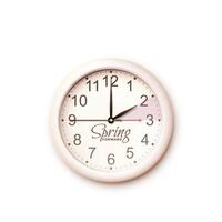 Spring Forward design element. Daylight saving time. Modern realistic beige wall clock isolated on white background. 3d Clock face with hands moving ahead one hour vector