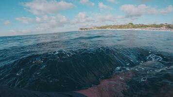 Professional surfer paddle and rides on surfboard on perfect ocean wave in Bali island, first person view video