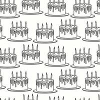 Pattern of birthday cakes with candles and drizzle design on a light background vector