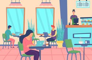 Cartoon Color Characters People Dinning and Working Concept. vector