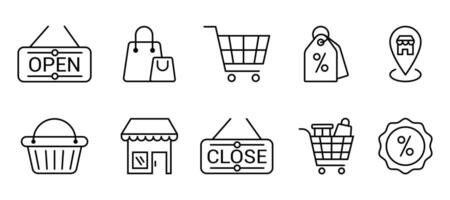 Simple Set of Shopping Related Line Icons. Contains such Icons as shopping cart, basket, map pin location, sale, price tag, grocery, bag, discount, open and close sign, market, promotion. vector