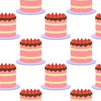 Bright pink cakes with chocolate frosting and strawberries on display for a festive event vector
