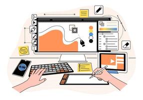Cartoon Color Designer Working Concept. vector