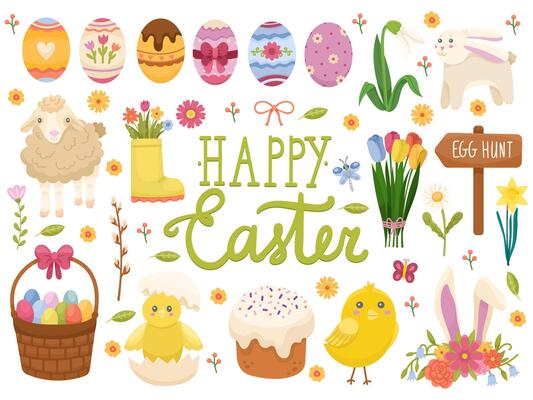 A vibrant assortment of Easter symbols set includes decorated eggs, fluffy bunnies, blooming flowers, and baskets filled with colorful treats. All elements convey joy and festivity.