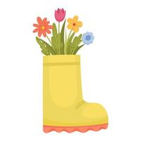 Rubber boot with different spring flowers in cartoon on white background. Summer or spring scene for holiday cards or invitations, easter or spring season, illustration vector